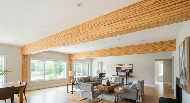 Bright and spacious open-concept living room and dining area with modern gray furniture, large windows, and unique wooden ceiling beams. - Powered by Adobe