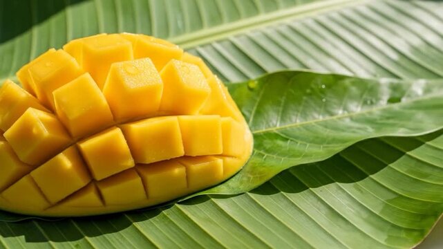 Sliced mango fruit on banana leaf tropical still life food photography