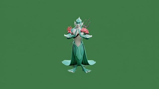 Majestic Merman Warrior Character with Trident on Green Screen