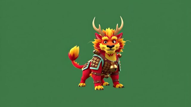 Mythical Red and Gold Foo Dog Guardian Lion Creature with Antlers on Green Screen