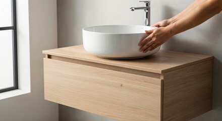 Hands carefully placing a modern white ceramic basin onto a light wood floating bathroom vanity cabinet with a chrome faucet.