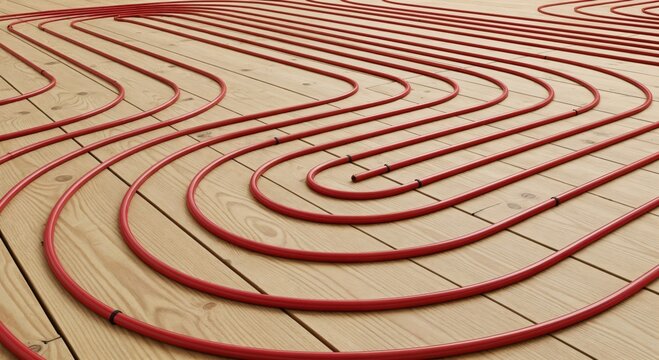 Red PEX pipes for underfloor radiant heating system laid out in a serpentine pattern on a light wooden subfloor, ready for installation.