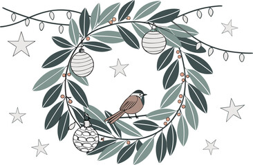 Frosted eucalyptus pine wreath vector illustration festive holiday decor with bird and ornaments