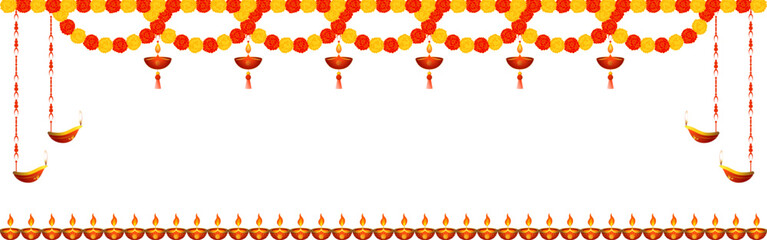 Vector illustration of beautiful marigold flower garland with diya on transparent background