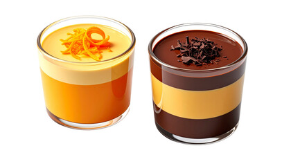  Pair of gourmet layered chocolate–orange pudding jars with cream topping isolated on transparent background