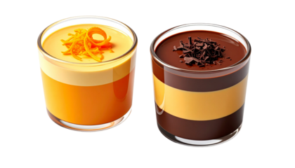  Pair of gourmet layered chocolate–orange pudding jars with cream topping isolated on transparent background