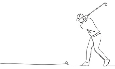 Golfer swinging, one-line art, minimalist illustration.