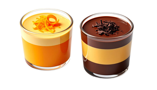 Pair of gourmet layered chocolate–orange pudding jars with cream topping isolated on transparent background - Powered by Adobe