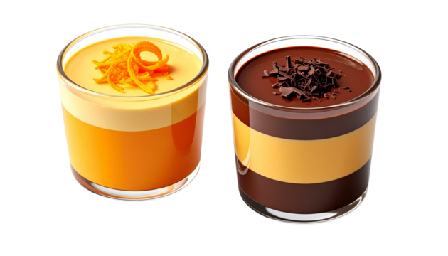  Pair of gourmet layered chocolate–orange pudding jars with cream topping isolated on transparent background
