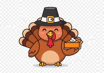 Cute cartoon turkey wearing a pilgrim hat holding a slice of pumpkin pie