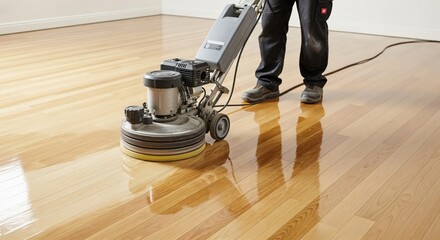 Professional worker polishing a light hardwood floor with a heavy-duty floor buffer machine, creating a gleaming, reflective surface.