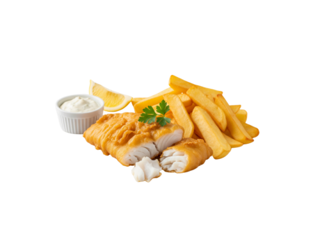 Delicious fish and chips with tartar sauce lemon wedge and parsley garnish photo on transparent background
