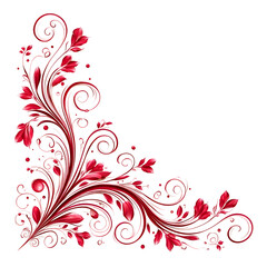 Decorative floral corner element with red and white swirls and leaves on transparent background
