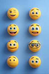 Fototapeta premium A collection of vibrant emoji faces expressing various emotions against a blue background
