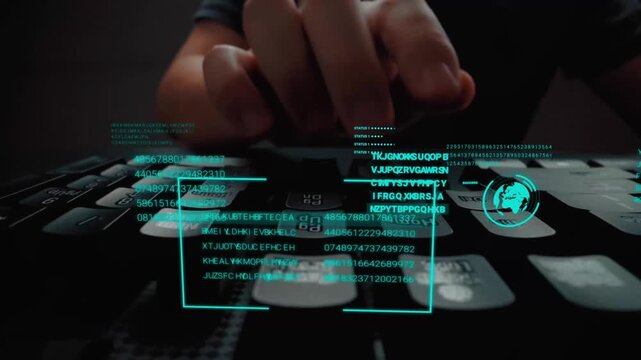 Man working on laptop computer keyboard with graphic user interface GUI hologram showing concepts of big data science technology, digital network connection and computer programming algorithm. Glean