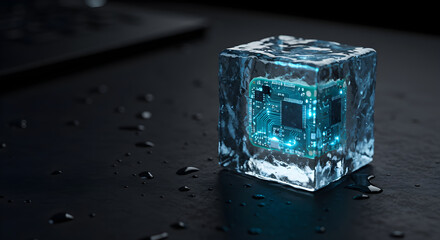 Fototapeta premium Frozen Microchip in Ice Cube Symbolizing Technology Freeze and Data Security Concept