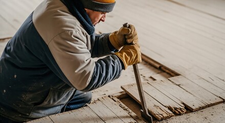 Professional male carpenter wearing work gloves and a warm jacket carefully prying up old, damaged wooden floorboards during a home renovation or construction project