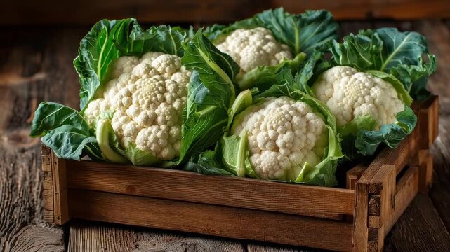 Fresh cauliflower heads with leaves in wooden crate on rustic table  