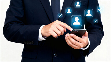 Businessman using smartphone with digital icons