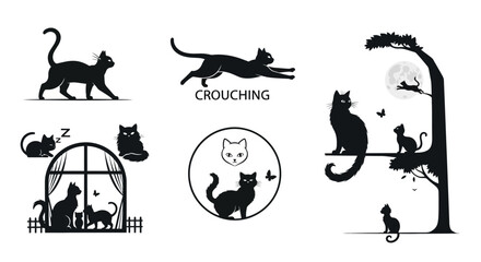 A collection of stylized black cat silhouettes depicting various poses and scenes, including a tree.