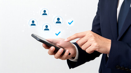 Businessman using smartphone with network icons