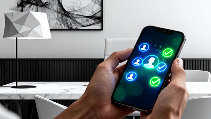 Person holding smartphone with digital profile icons