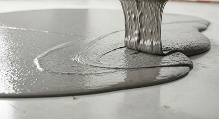 Close-up of wet, flowing gray concrete or cement mixture being poured onto a smooth surface, ideal for construction, renovation, or industrial flooring projects.