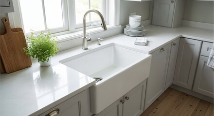 Fototapeta premium Bright and modern kitchen interior with a large farmhouse sink, light grey cabinets, and white countertops, featuring a window view.