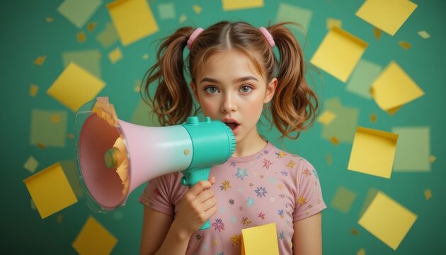 A young girl with pigtails holding a pink and teal megaphone, shouting a message amidst yellow notes