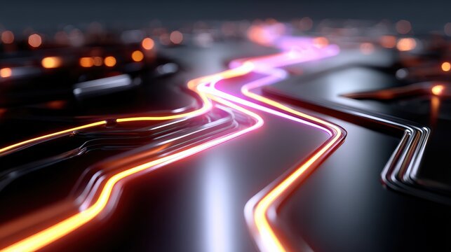 Glowing Neon Circuit Path Representing Data Flow