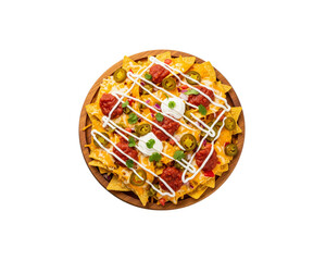 Obraz premium Delicious loaded nachos with cheese, jalapeños, salsa, and sour cream on wood plate on transparent background