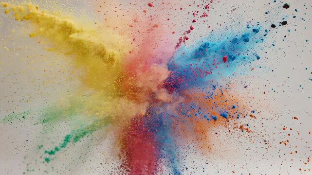 An explosion of vibrant colors is captured mid-air, creating a dynamic abstract display against a neutral background