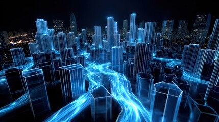 Futuristic Cityscape with Glowing Energy Flow at Night