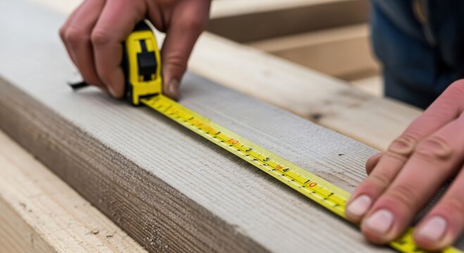 Close-up of a person's hands using a yellow tape measure to accurately measure a wooden plank for a construction or DIY project.