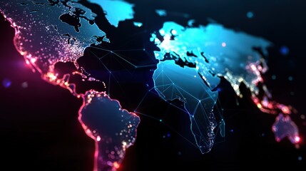 Glowing Digital World Map With Global Connection Network