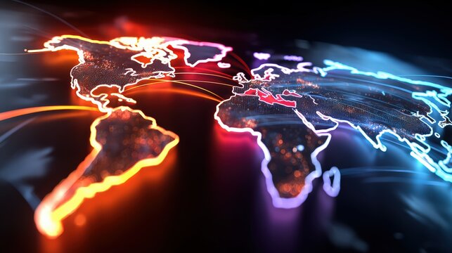Futuristic Glowing World Map in Neon Colors
