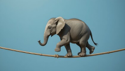 A young elephant bravely walks on a tightrope, balancing with its trunk, against a clear blue sky, symbolizing courage and determination