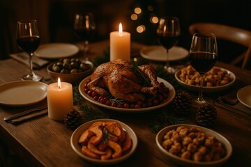 Naklejka premium Festive Dinner Table with Roast Turkey and Candles
