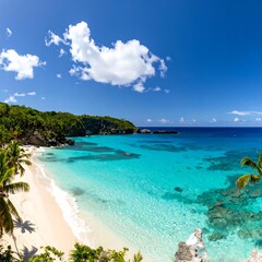 Naklejka premium Picturesque tropical beach scene with vibrant blue water under a sunny sky