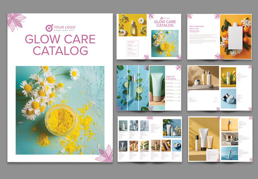 Glow Care Cosmetic Product Bifold Brochure Template with Editable Layout for Skincare and Beauty Products.