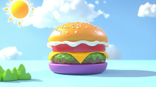 Animated burger with fresh ingredients against a sunny blue sky