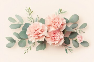 Delicate arrangement of pastel pink carnations and soft green eucalyptus leaves on a light beige background.