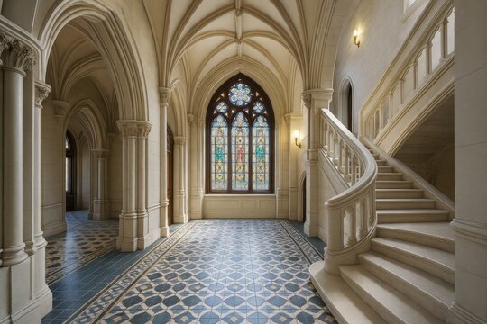 Elegant gothic-style architectural interior with arched ceilings, stained glass window, and ornate staircase in soft natural light background. Ai generative