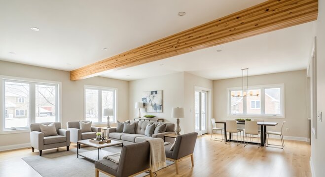 Bright and spacious open-concept living room and dining area with modern furniture, large windows, and a striking wooden ceiling beam, showcasing contemporary home interior design.
