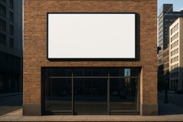 Blank white billboard mockup on brick building exterior with empty glass storefront in urban city street under natural daylight for advertising display. Ai generative