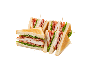 Delicious club sandwich with chicken bacon lettuce and tomato on toasted bread on transparent background
