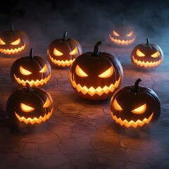 Futuristic Halloween Pumpkins with Neon Glitch Glow – 4K AI Generated Spooky Holiday