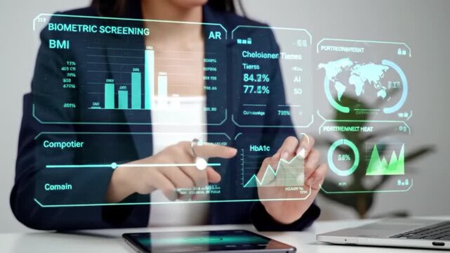 Businesswoman Interacting with Futuristic Holographic Biometric Screening Data Interface