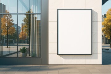 Blank vertical billboard on modern building wall with city street reflection through glass window and autumn trees in background. Ai generative.