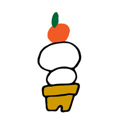 手描き風の鏡餅イラスト。日本の正月を象徴する伝統的な縁起物で、新年のお祝い、年賀状、文化紹介、装飾デザインに使える和風イメージ